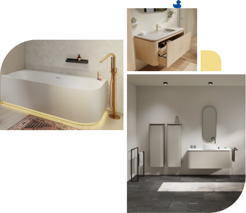 Minimalistisches Badezimmer mit freistehender Badewanne, goldener Armatur und schwebendem Waschbeckenmöbel.
